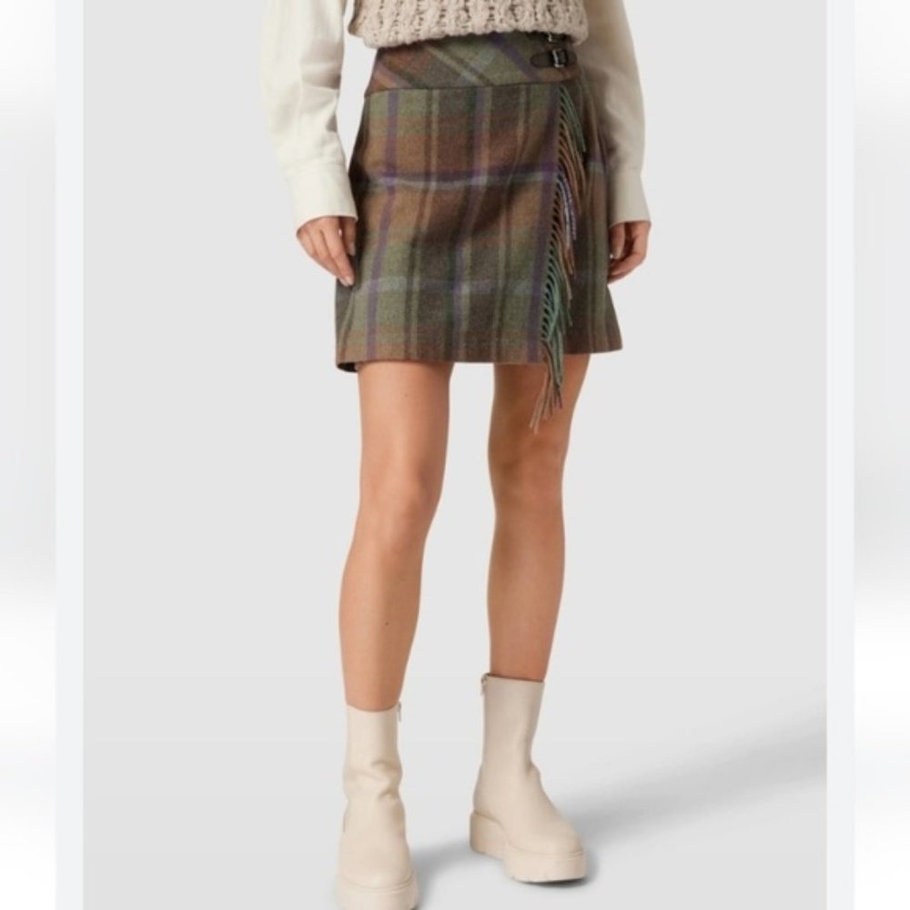 NWT Lauren Ralph Lauren Plaid Print Wool Fringe Trim Wrap Mini Skirt NEW